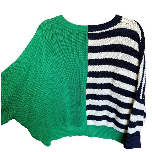 JS71 Colorblock Striped Sweater Knitted Crewneck Navy Blue Green Size M / L - Picture 5 of 10
